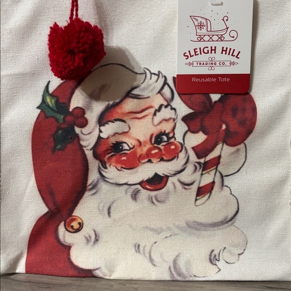 NWT SLEIGH HILL VINTAGE INSPIRED SANTA CANVAS TOTE BAG WITH POMPOM - Picture 3 of 9